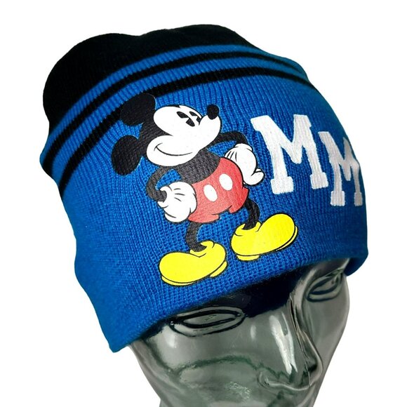 Disney Mickey Mouse MM Beanie Knit Winter Hat Blue Black Unisex Apparel OSFM - Picture 2 of 8
